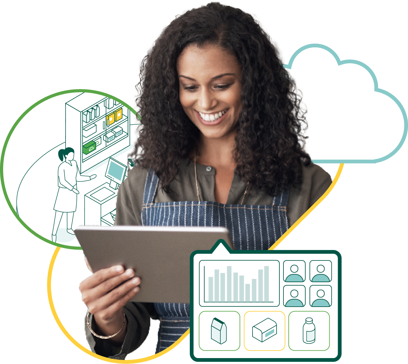 Woman in a green blouse smiling looking at tablet computer.